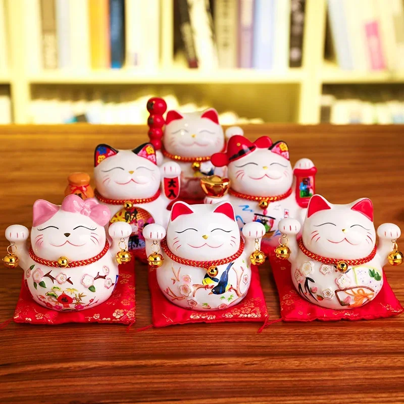 5 Inch Maneki Neko Lucky Cat Ornament Ceramic Fortune Cat Statue Home Decorative Gift Feng Shui Beckoning Cat Piggy Bank