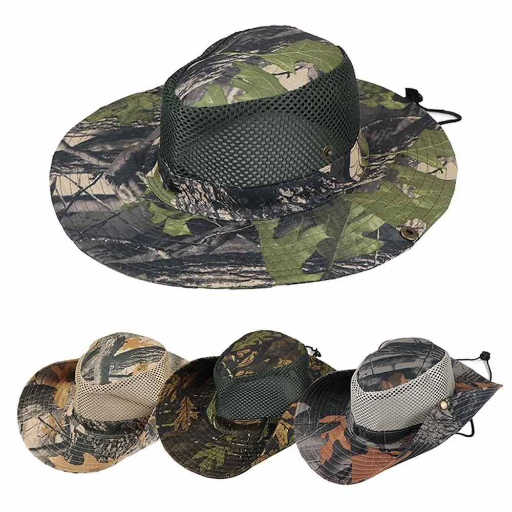 Outdoor Sunhat Hunting czapka wędkarska z szerokim rondem czapka przeciwsłoneczna siatka oddychający kamuflaż pozostawia kapelusz czapka