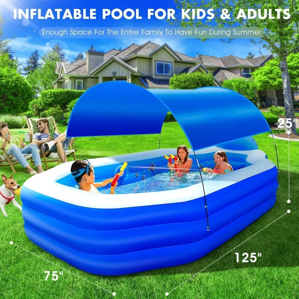 Inflatable swimming pool with canopy, children's large swimming pool, swimming pool with seats and backrest, 125 