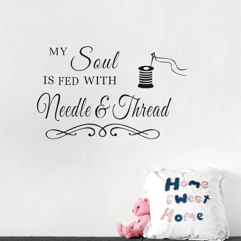 My Soul Needle and Thread Wall Decal, Sewing Room Quote Sticker for Craft Studio, Self-Adhesive Vinyl Home Decor Art Poster