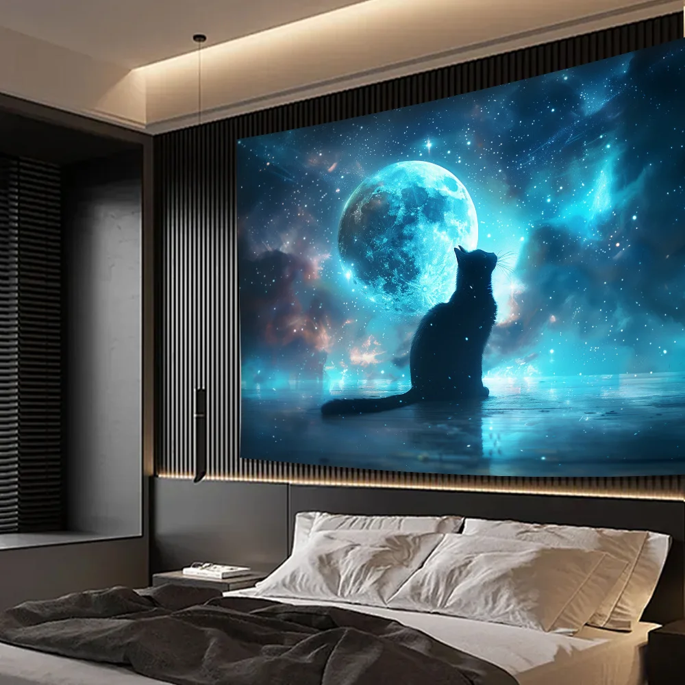 Black Cat and Cosmic Moon Landscape Tapestry, HD Digital Print Mystical Wall Decor for Living Room and Bedroom Backdrop