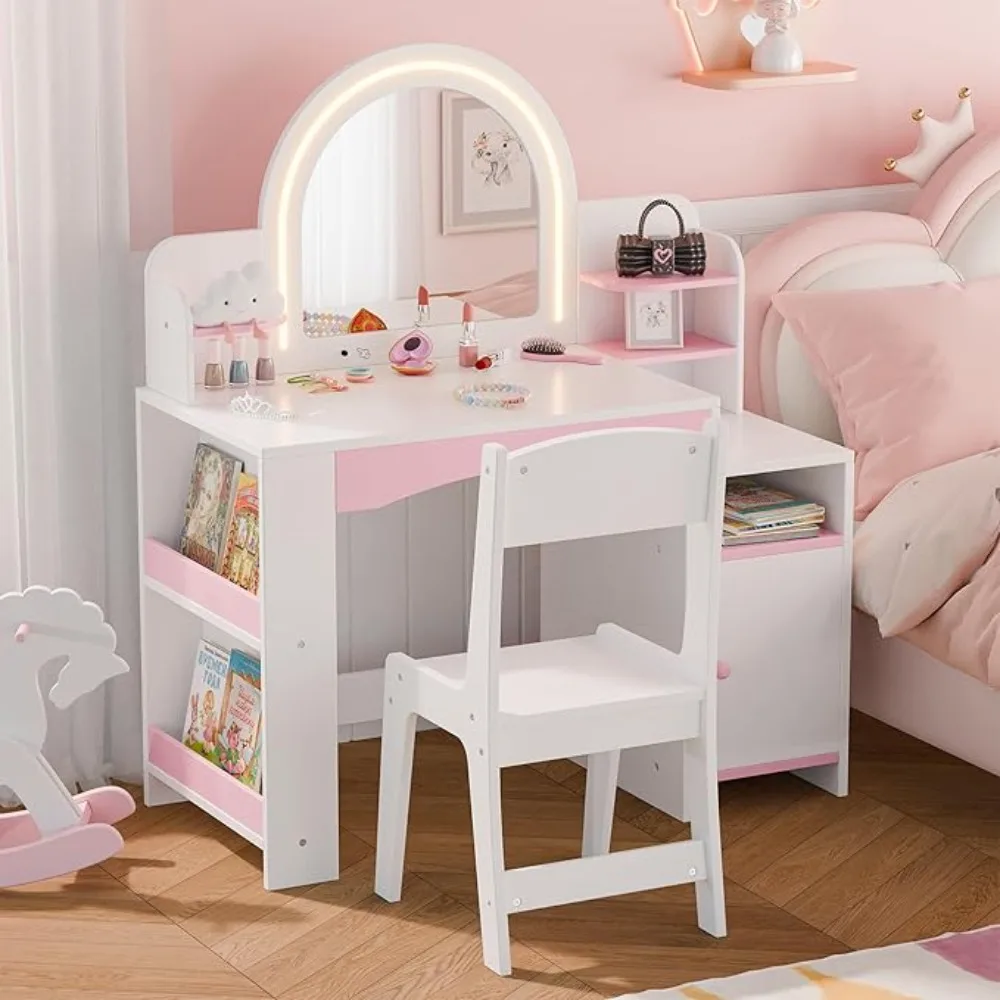 Kids Vanity with Lights, Princess Makeup Vanity Desk with Open Bookshelf, Storage Cabinet & Shelves, 2 in 1 Toddler Vanity Table