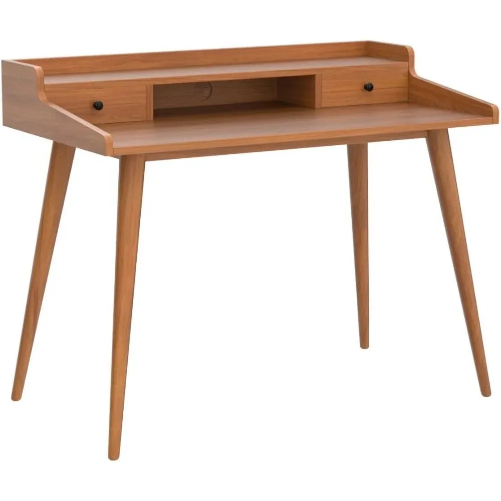 

43" Writing Desk with 2 Drawers, Monitor Stand Riser and Open Storage Cubby, Mid Century Modern Computer Desk