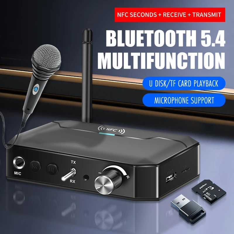 

T300 NFC BT 5.4 Audio Transmitter Receiver MP3 Microphone Karaoke Wireless Adapter plug and play Auto-connect W/Remote Control