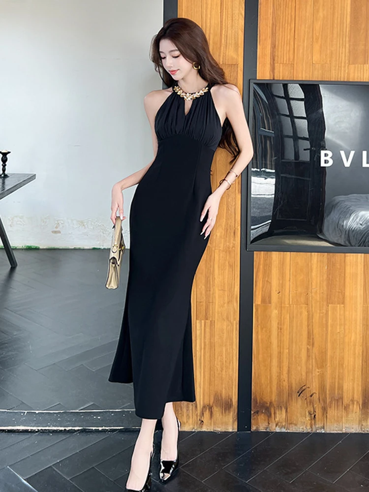 ชุดราตรีผู้หญิงสีดำ เซ็กซี่ สายคล้องคอเว้าหลัง ทรงเข้ารูป หางปลา ยาว หรูหรา สง่างาม แฟชั่นสำหรับงานปาร์ตี้ งานพรอม ชุดเดรสใหม่
