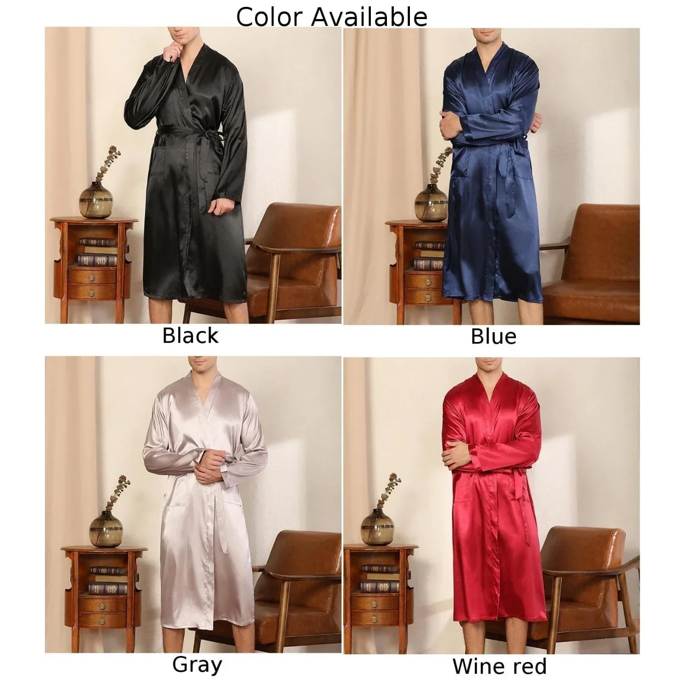 Sexy Men\'s Long Emulation Silk Satin Bathrobe Pajamas Long Sleeve Knee Length Kimono Robe Gown Man Sleepwear Nightwear Robes