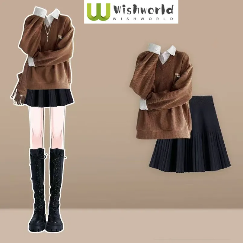 

Spring and Autumn New Fashionable Versatile Splicing Fake Two Piece Top+Casual Style Black Short Skirt Two Piece Set