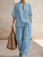 Fashion Cotton Linen Pant Set Women's Casual Stand Collar Button Top Wide Leg Trousers 2-piece Set Retro Female Office Suit 2026