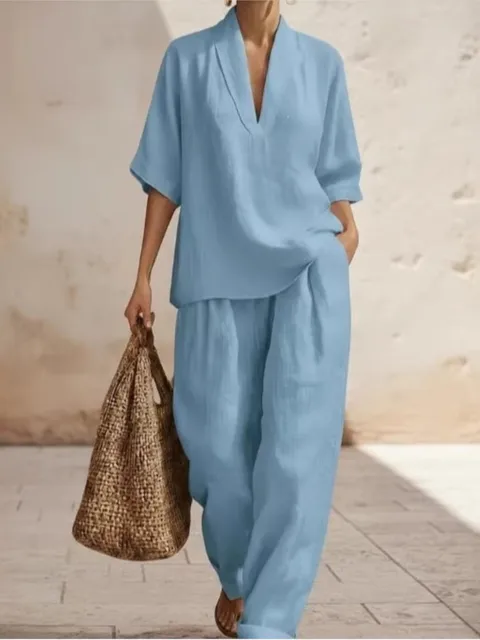 Fashion Cotton Linen Pant Set Women's Casual Stand Collar Button Top Wide Leg Trousers 2-piece Set Retro Female Office Suit 2026