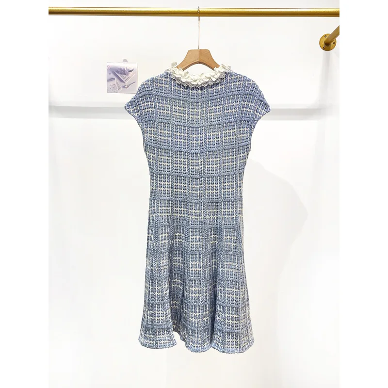 Women Vintage Plaid Knitted Mini Dress 3D Flower Neckline Cap Sleeve Grid Pattern Slim A-line Dress Elegant Tweed Style Outfit