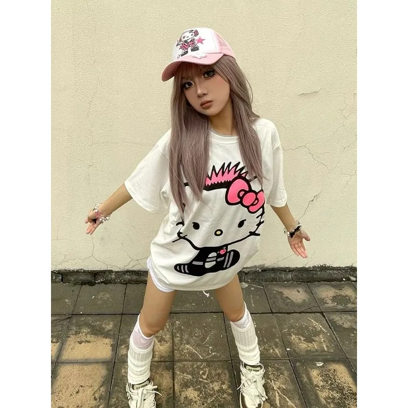 Sanrio HelloKitty kobiety z krótkim rękawem 2024 lato nowa bawełniana koszulka Y2K słodkie topy damskie figurki Anime Streetwear