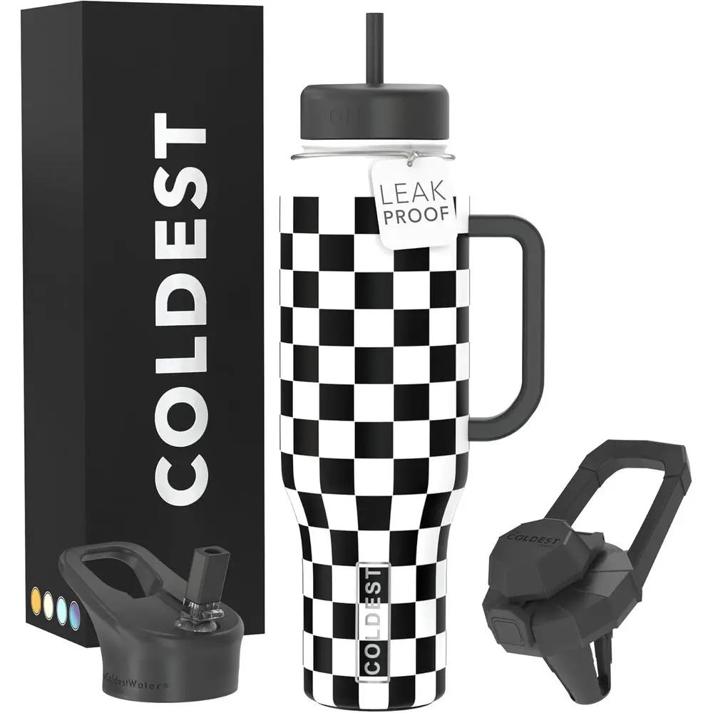 

Термокружка с двойными стенками, ручкой и 3 крышками, 46 унций, герметичная, из нержавеющей стали, для мужчин и женщин, с шахматным узором