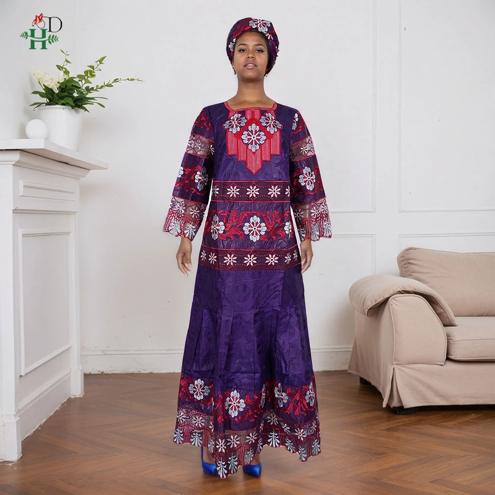 

H&D African Dress For Women Traditional Turkey Dress Plus Size Embroidery Church Wedding Party Gown and Headwrap Africa Clothing