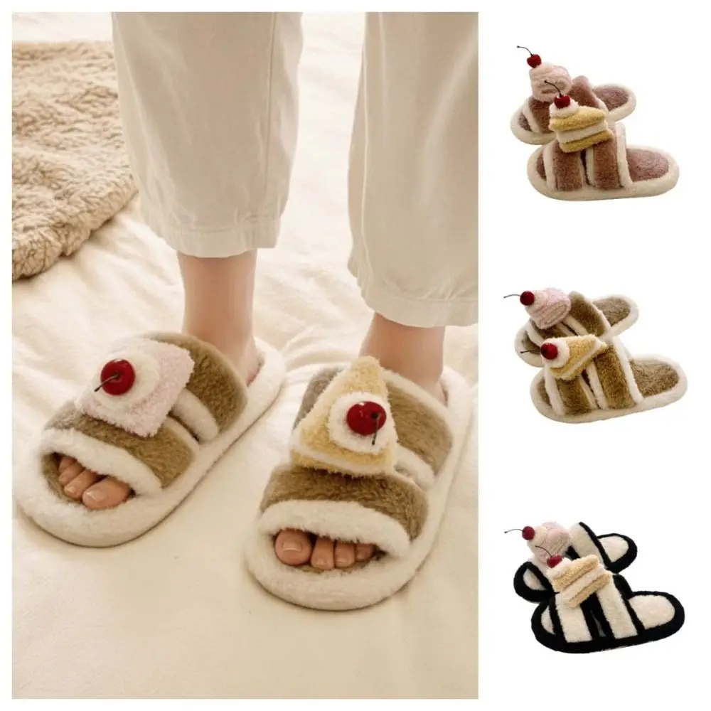 

3D Cute Cherry Cake Cake Winter Plush Slippers Anti Slip Cartoon Warm Fur Slippers Ins Korean Fashion Open-toe Y2K Cat Slippers