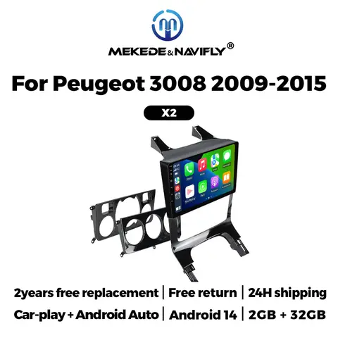 Android 14 Car Radio 2GB+32GB For Peugeot 3008 2009 2010 2011 2012- 2015 Navigation GPS Multimedia Video Player Wireless Carplay