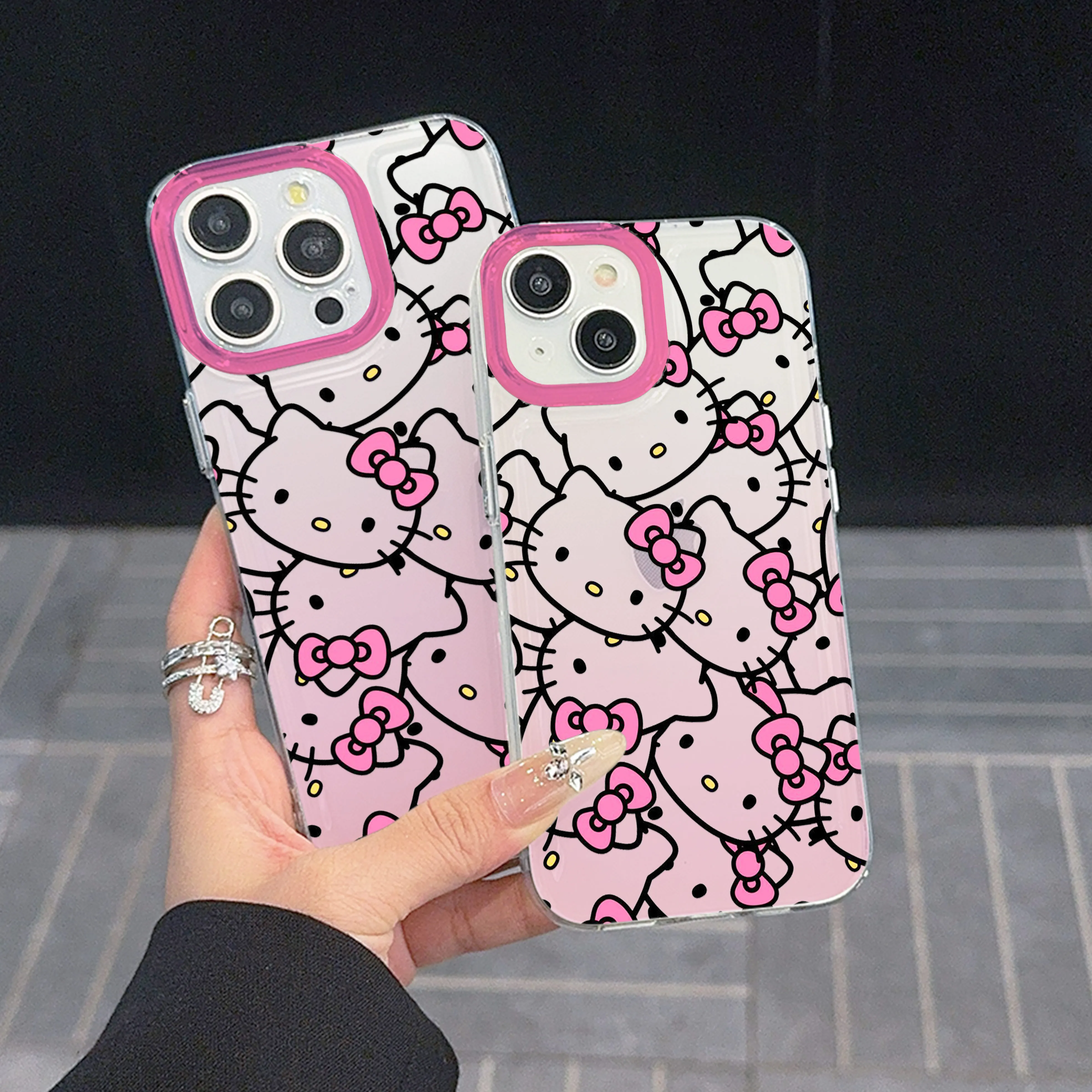 

Gradient Pink Hello Kitty Clear Space Phone Case For iPhone 11 12 13 14 15 16 Pro Max Mini X Xs XR 7 8 plus Transparent Cover