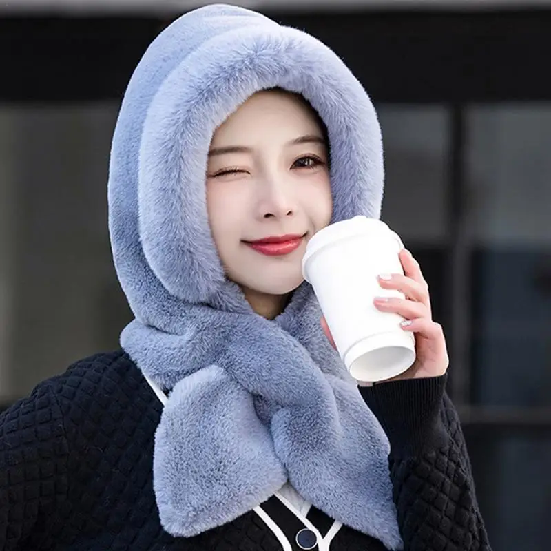 Hooded Scarf For Women Winter 2 In 1 Hooded Scarf Thickened Warm Hat Windproof Soft Plush Stylish Hooded Scarf Hat For Outdoor