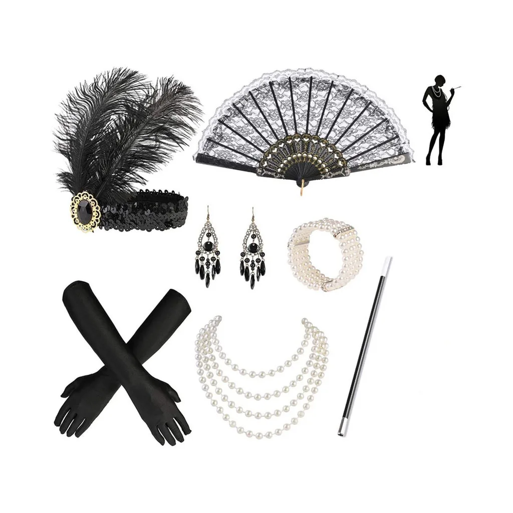 Vintage 1920's Flapper Girl Headband Women Gatsby Party Costume Accessories Set Pearl Necklace Gloves Cigarette Holder Earrings