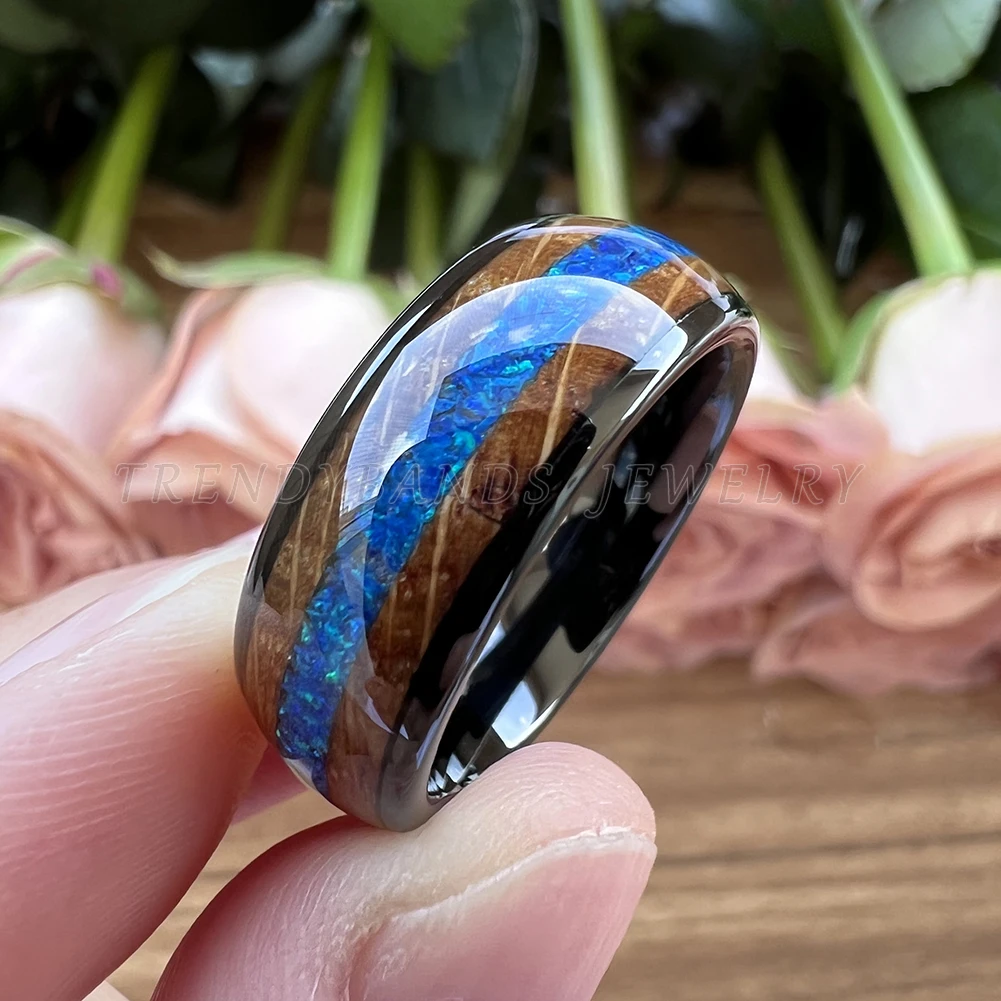 8mm Tungsten Carbide Engagement Rings for Men Women Wedding Band Fashion Jewelry Blue Opal Whisky Barrel Inlay Domed Comfort Fit