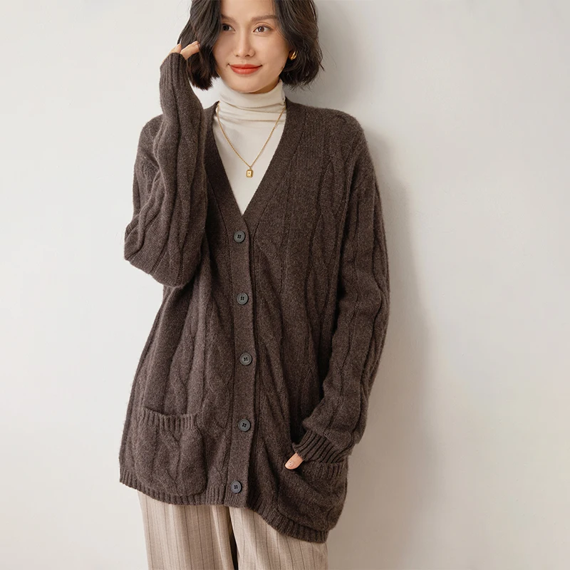 2024 Autumn Winter New 100% Cashmere Cardigan Knitted Sweater Women Loose Large Size Cardigans Lady Solid Thicken Warm Jacket