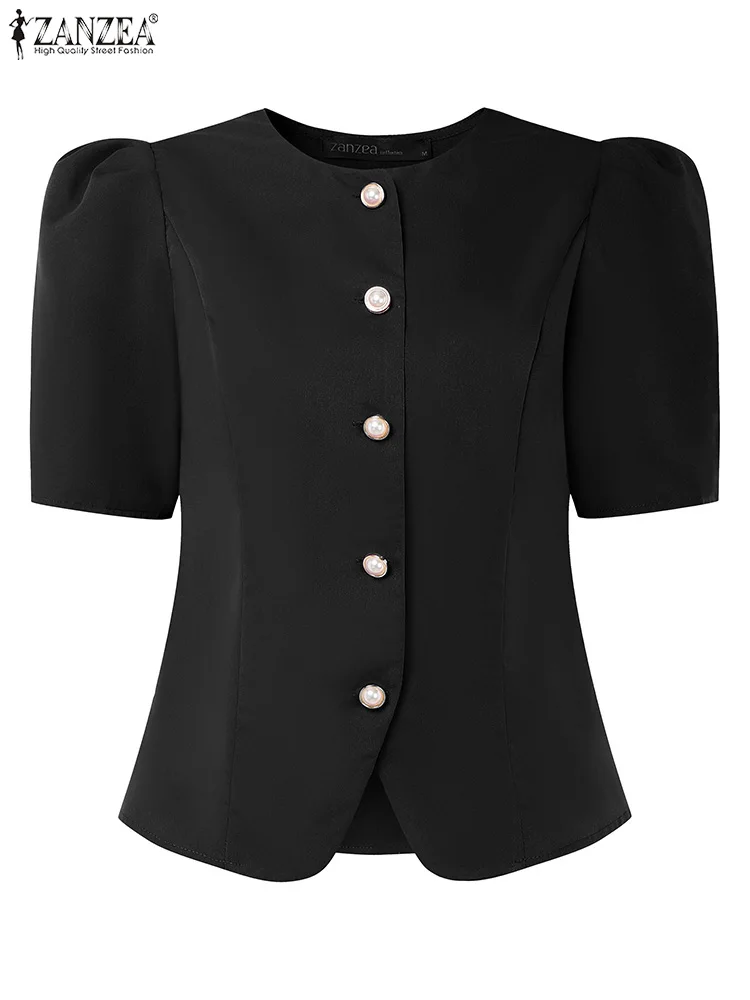

ZANZEA Women Ruffled Shirts Fashion Elegant Puff Seeve Cardigans 2025 Casual OL Work Tunic Solid Color Summer Blusas S-3XL