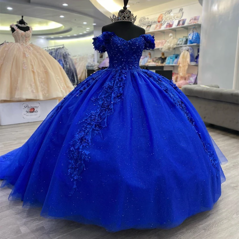 فساتين Quinceanera مخصصة باللون الأزرق الملكي ثوب حفلة دانتيل مزين بالخرز ترتر حلو 16 فستان Vestidos De 15 Anos YQD215