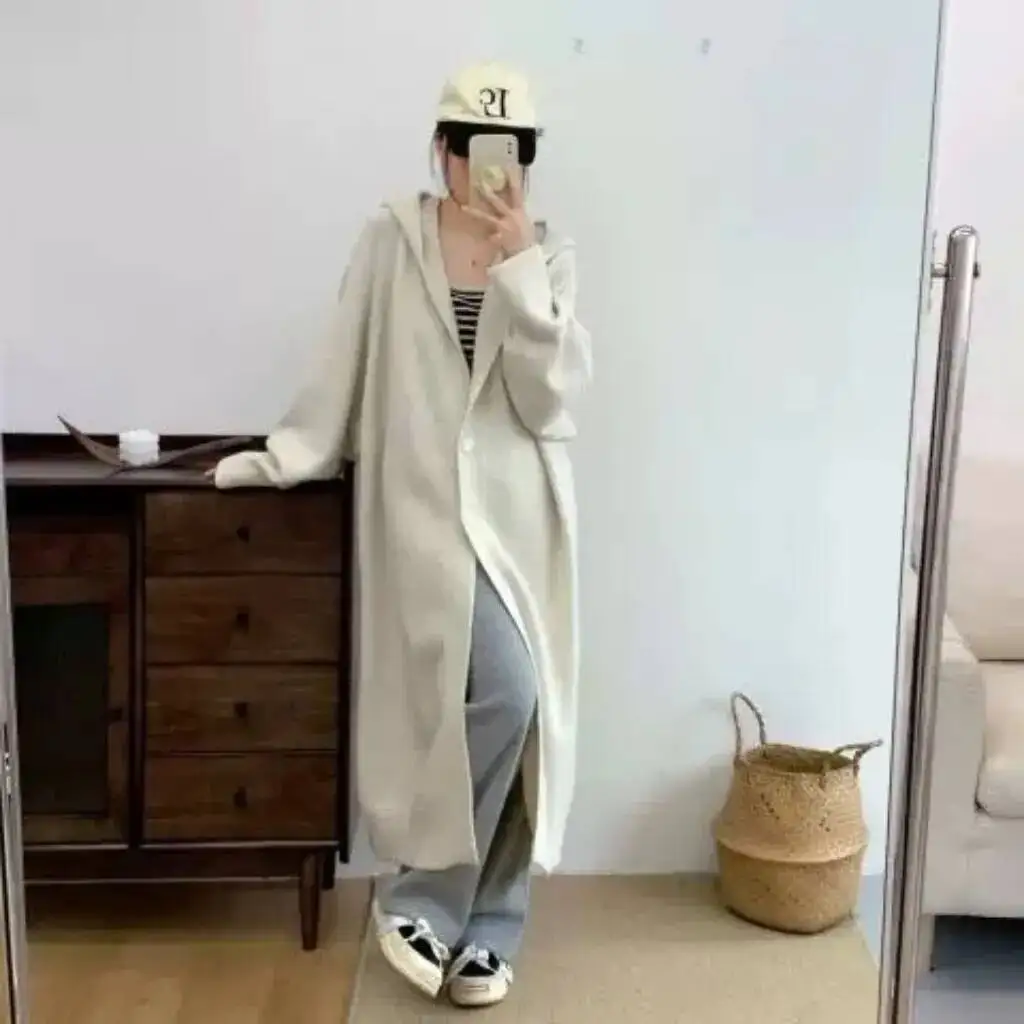 여성용 가을 겨울 후드 달린 롱 니트 가디건 심플한 단색 프렌치 스타일 캐주얼 코트