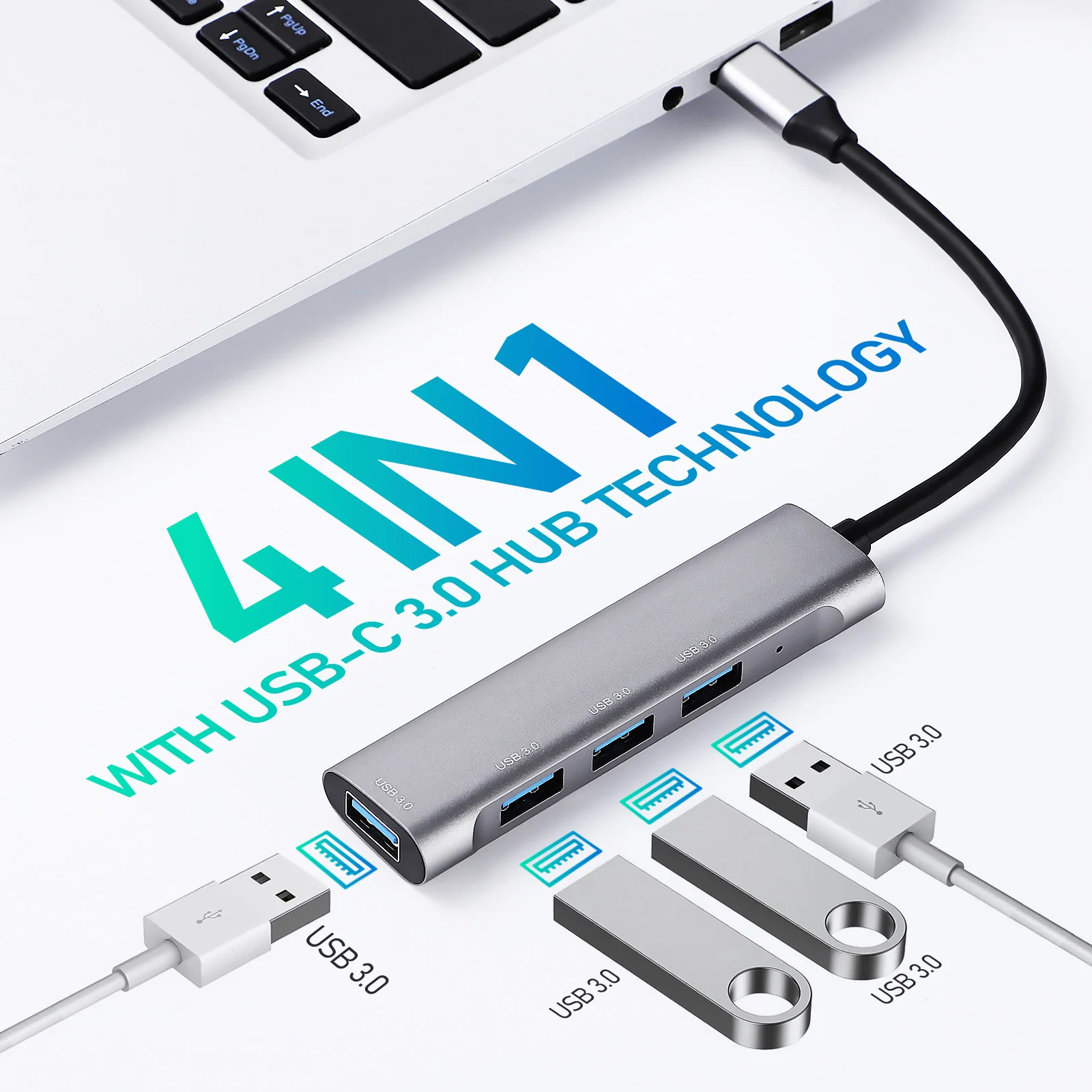 

Type USB Adapter Aluminum Alloy 4 Port Extension for Laptop with High Speed Data Transfer Charging Support