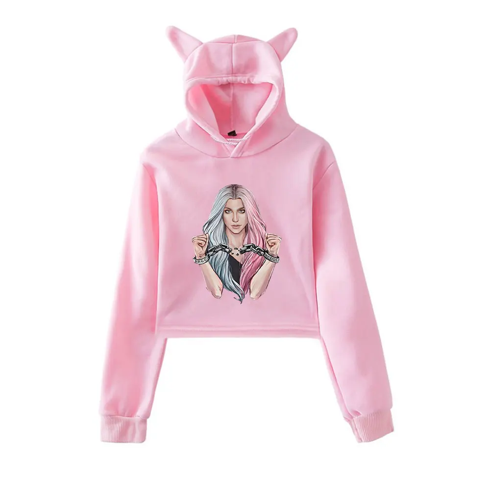 

Kesha Merch винтажная уличная одежда 90-х годов с логотипом, толстовки с капюшоном для девочек, укороченный модный спортивный пуловер с кошачьими ушками