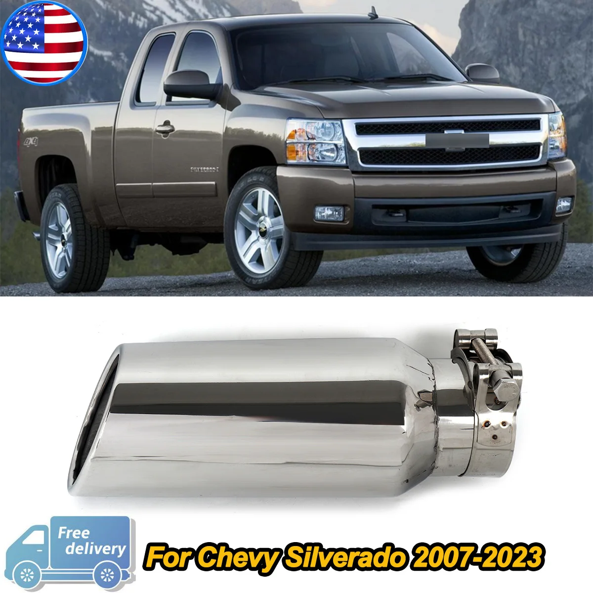 

3" Inlet Angle Cut Rear Bumper Diffuser Exhaust Tip w/ Clamp Chrome For Chevy Silverado 2007-2023 5.3L Replace for 84722771 Replacement
