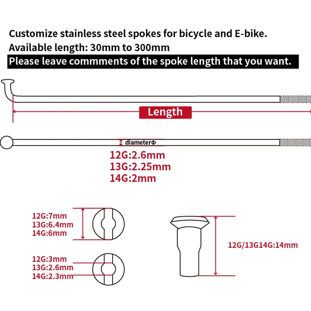 Electric Bicycle 12G Diameter 2.58mm Length 79-230mm Spokes #45 Steel + Nipples 36 Pcs/lot Electric Bike Replacement Accessories