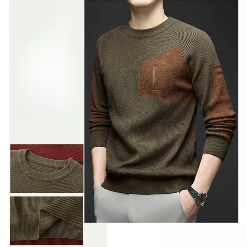 

Outdoor Wind Men's Thickened Sweater, Military Green Business Casual, Wool Blend Knit, Shoulder Accent Design​