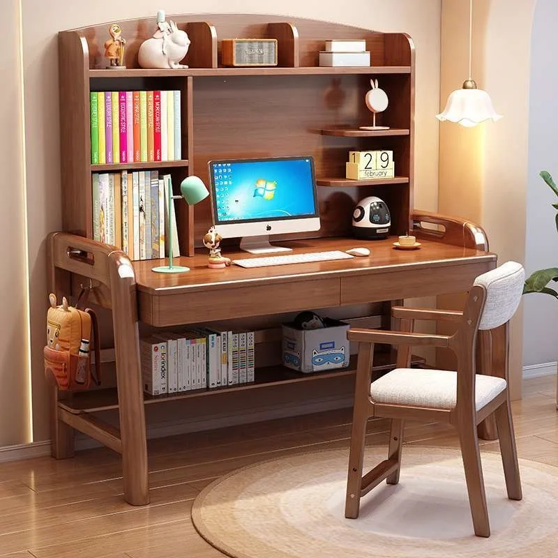 Solid wood children's study table, bedroom can be lifted and lowered, student writing desk, study desk with bookshelf, simple co