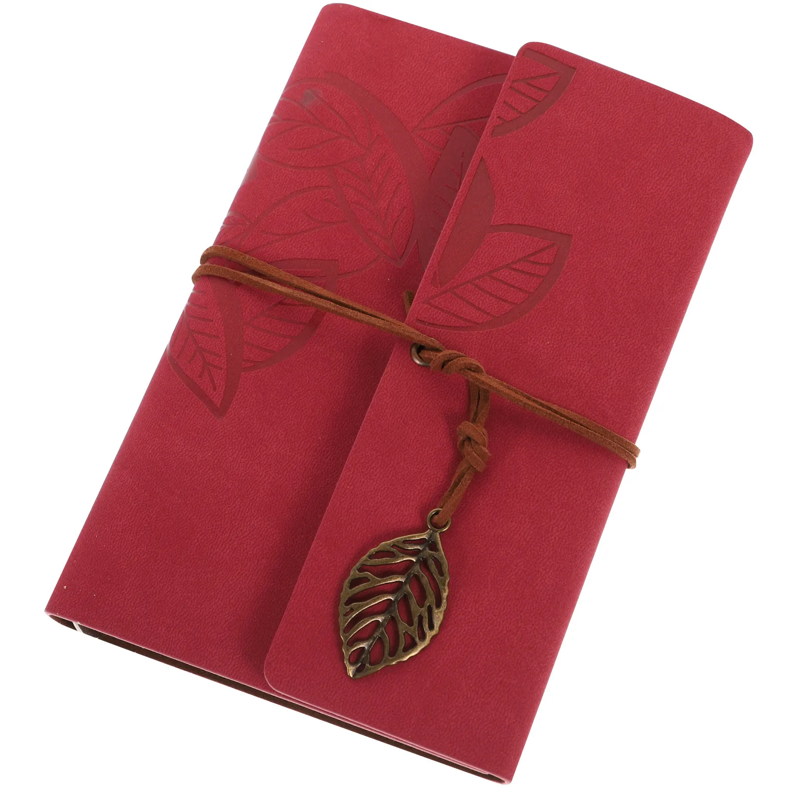 Vintage Red PU Leather Leaf Pattern Notebook Blank Journal 170 Pages String Bound Travel Diary 185x120mm