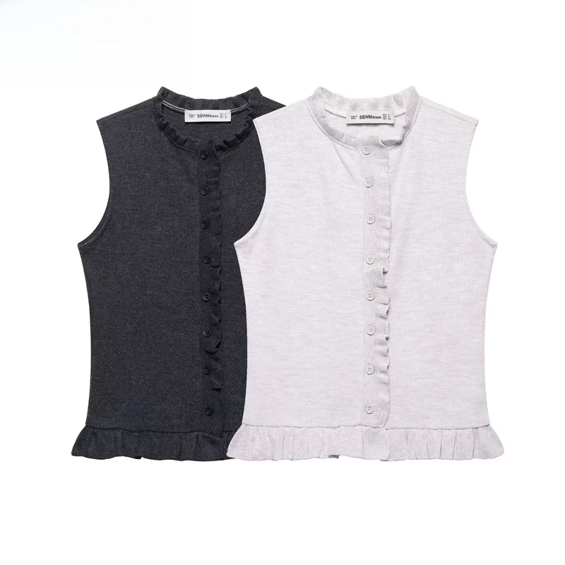 

ZBZR Spring New Women's Soft Svel Top Vest Layered Decoration Faion Retro Sle round Ne Single Button Closure