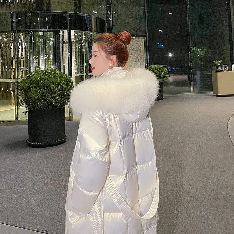 Abrigos de plumón de pato blanco 90% con cuello de piel de zorro Real para mujer, Chaqueta larga brillante para nieve, Parkas largas sueltas de