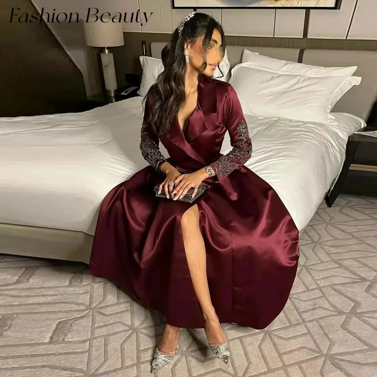 

Fashion Beauty Burgundy Silk Satin Prom Dresses V Neck Beads Long Sleeves Tea-Length Formal Party Gowns For Women 2024 فساتين ال