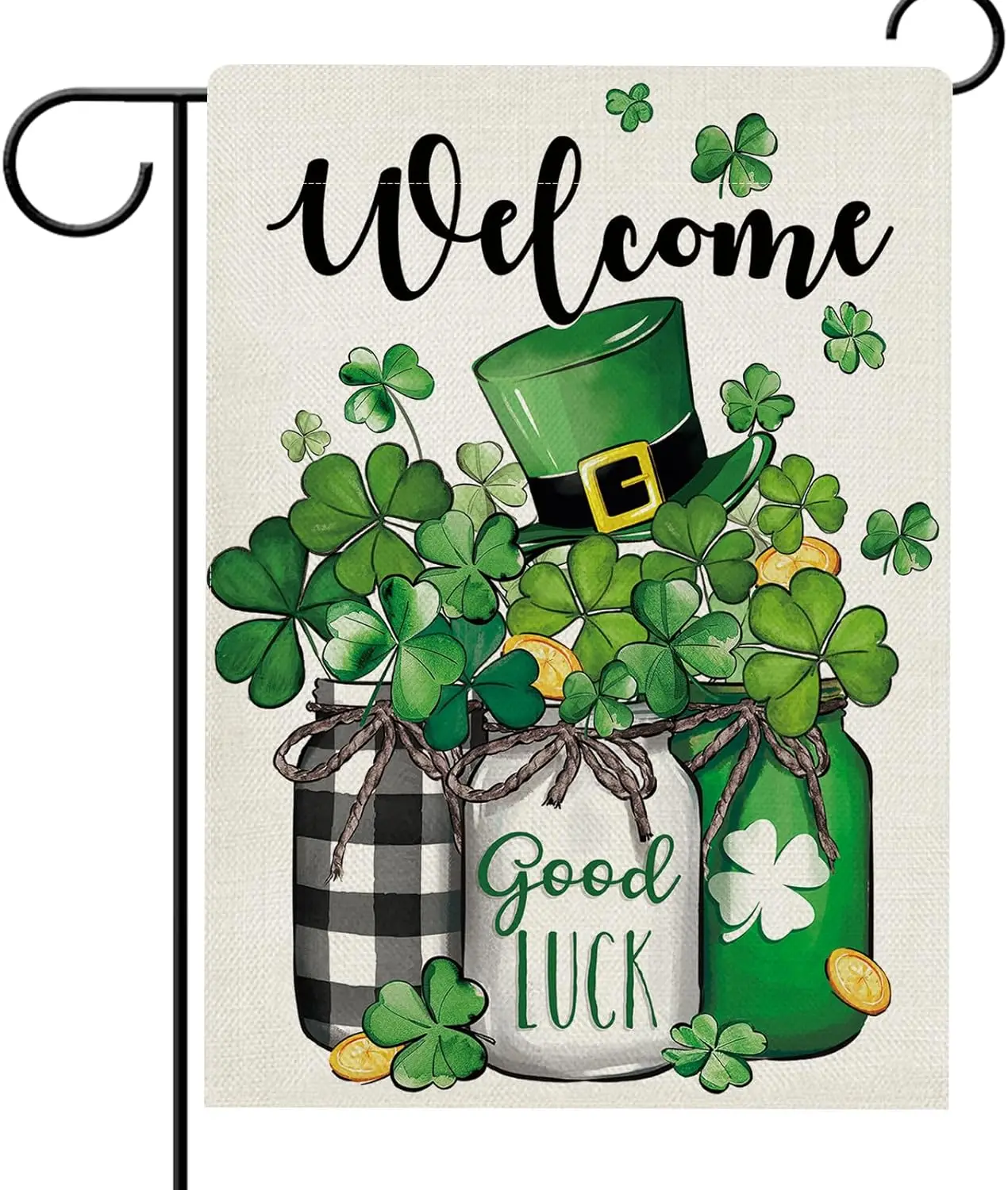 Hzppyz Welcome St Patricks Day Garden Flag Double Sided, Lucky Shamrock Clover Mason Jar Decorative Yard Outdoor Home Small  ZZM