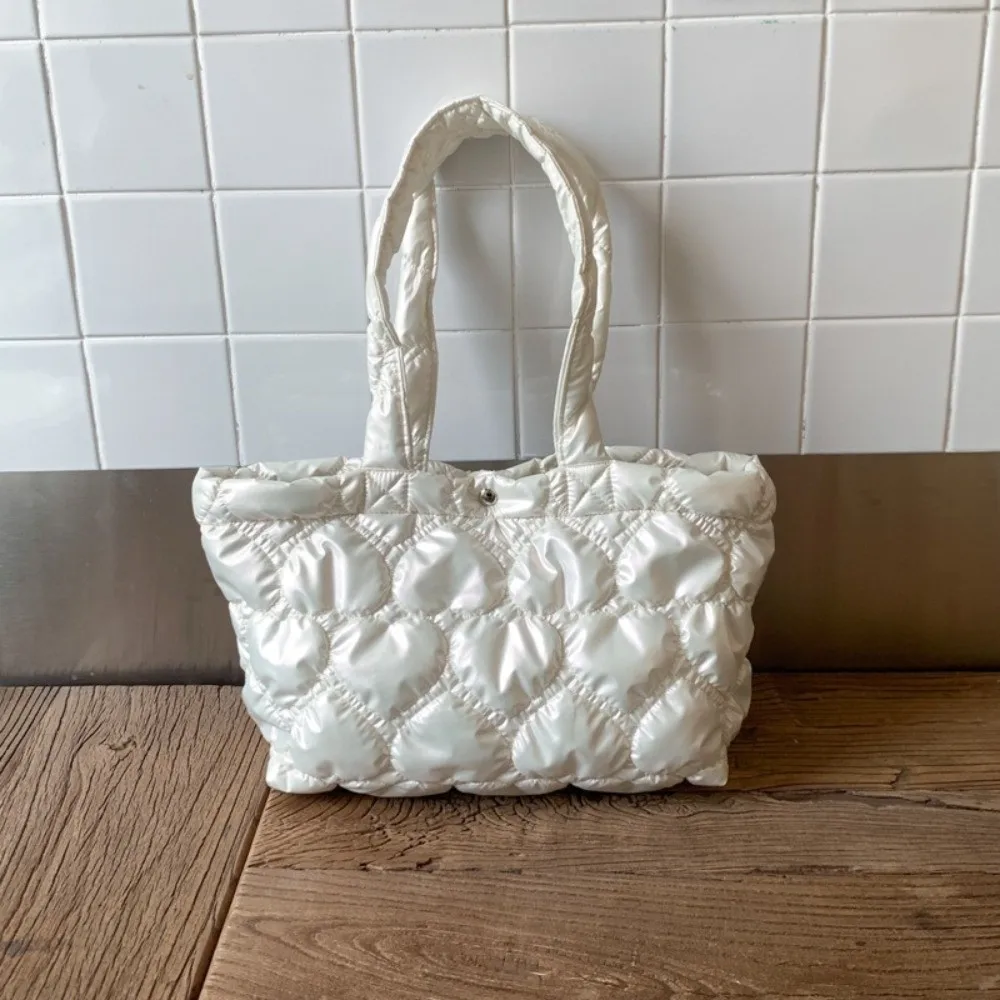 Elegant Solid Color Puffy Tote Bag Korean Waterproof Quilted Heart Bag Leisure Large Capacity Women's Handbag Autumn Winter