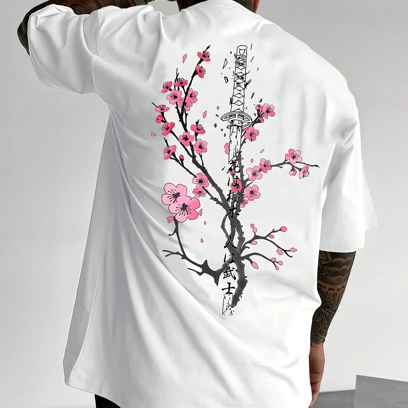 2026 Men's Casual Street Cherry Blossom Printed Round Neck T-shirt Summer 100% Pure Cotton Outdoor Daily Short Sleeved Plus Size