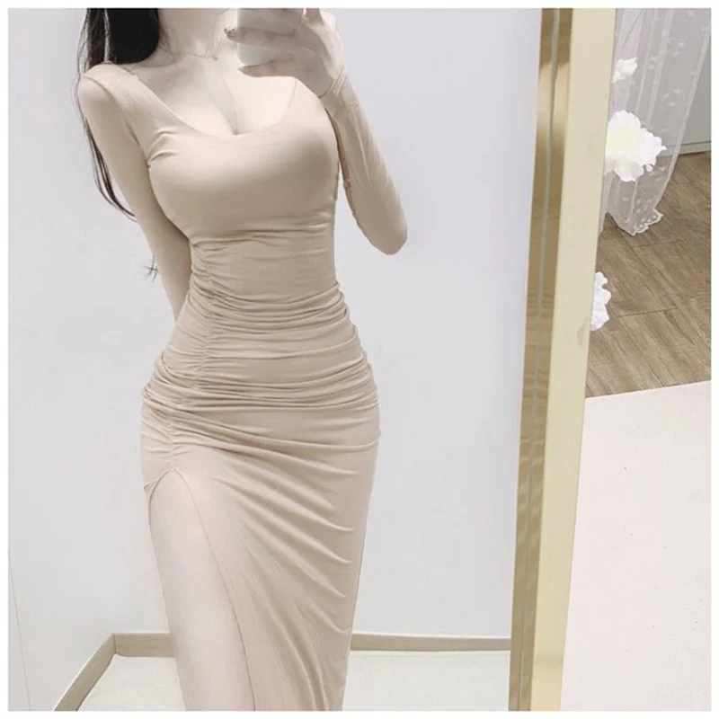 2025 Spring Spicy Girls Long Sleeve Sexy Split Long Dress for Women Korean Fashion Slim Fit Temperament Elegant Wrap Hip Dress