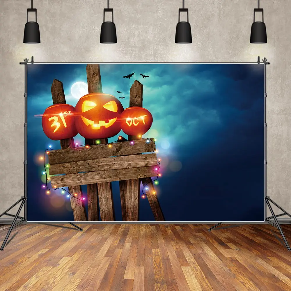 

MOON.QG Backdrop Wood Board Oct 31th Pumpkin Lantern Halloween Banner Background Children Party Props Blue Sky Bat Photo Booth