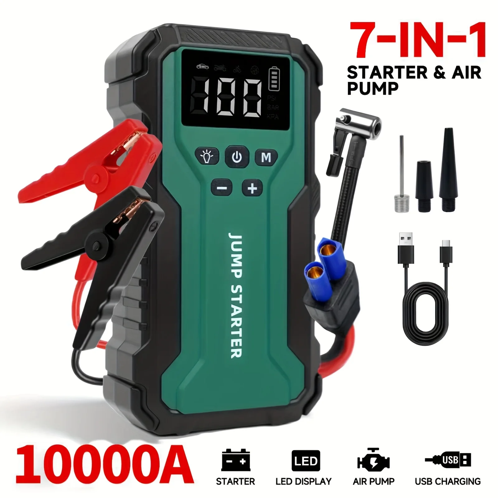 

10000A 7-in-1 Multi-functional Emergency Start Power Supply with Air Pump, 150PSL Portable Car Battery Starter, Digital Tire Inflator, Suitable for 2.64 Gallon Gasoline Or 2.38 Gallon Diesel Battery, LED Emergency Light, Car Emergency Tool.