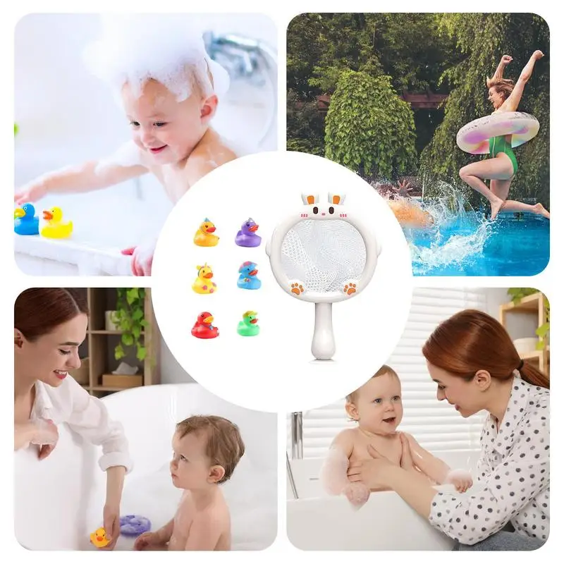 Rubber Ducks For Bath Floating Bathtub Water Toy 6 Mini Duck Toys Set With Fish Net Cute Rubber Animal Toys Funny Bathtub Toy