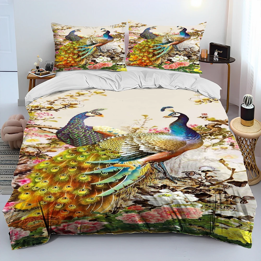 3D Peacock Bird Animal Cartoon Comforter Bedding Set,Duvet Cover Bed Set Quilt Cover Pillowcase,Queen Bedding Set Adult Child