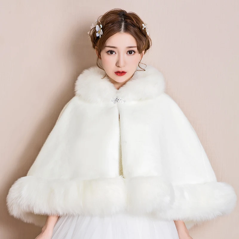 Wedding Dress Shawl Winter Bride Wedding Ceremony White Bridesmaid Dress Evening Dress Coat Long Sleeve Outer Cape Hair