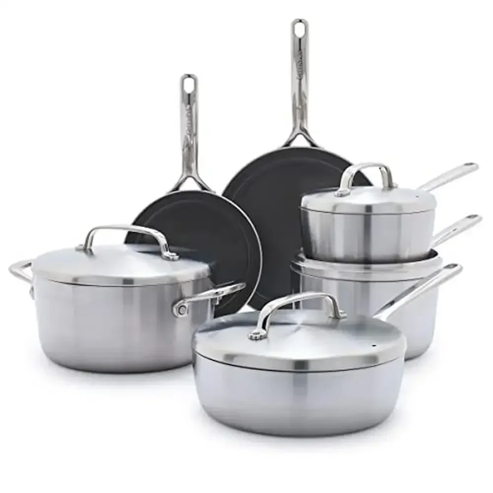 Stainless Steel 5-Ply Ceramic Nonstick Cookware Set with Stock Pot and Fry Pans Healthy Toxin-Free Kitchen Pots Saucepans