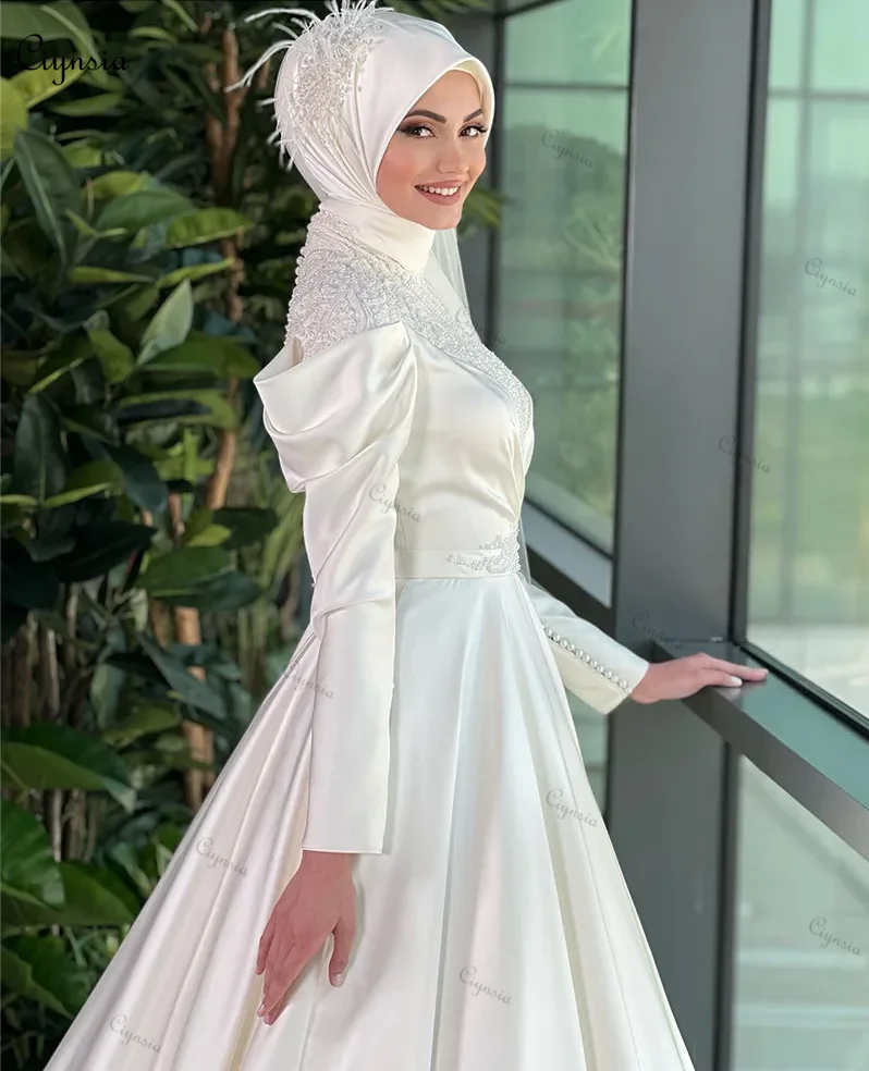 Ciynsia Arabic Long Sleeve Muslim Wedding Dress 2024 Bride Islamic Hijab Bridal Gowns High Neck Satin Vestido De Noiva Casamento