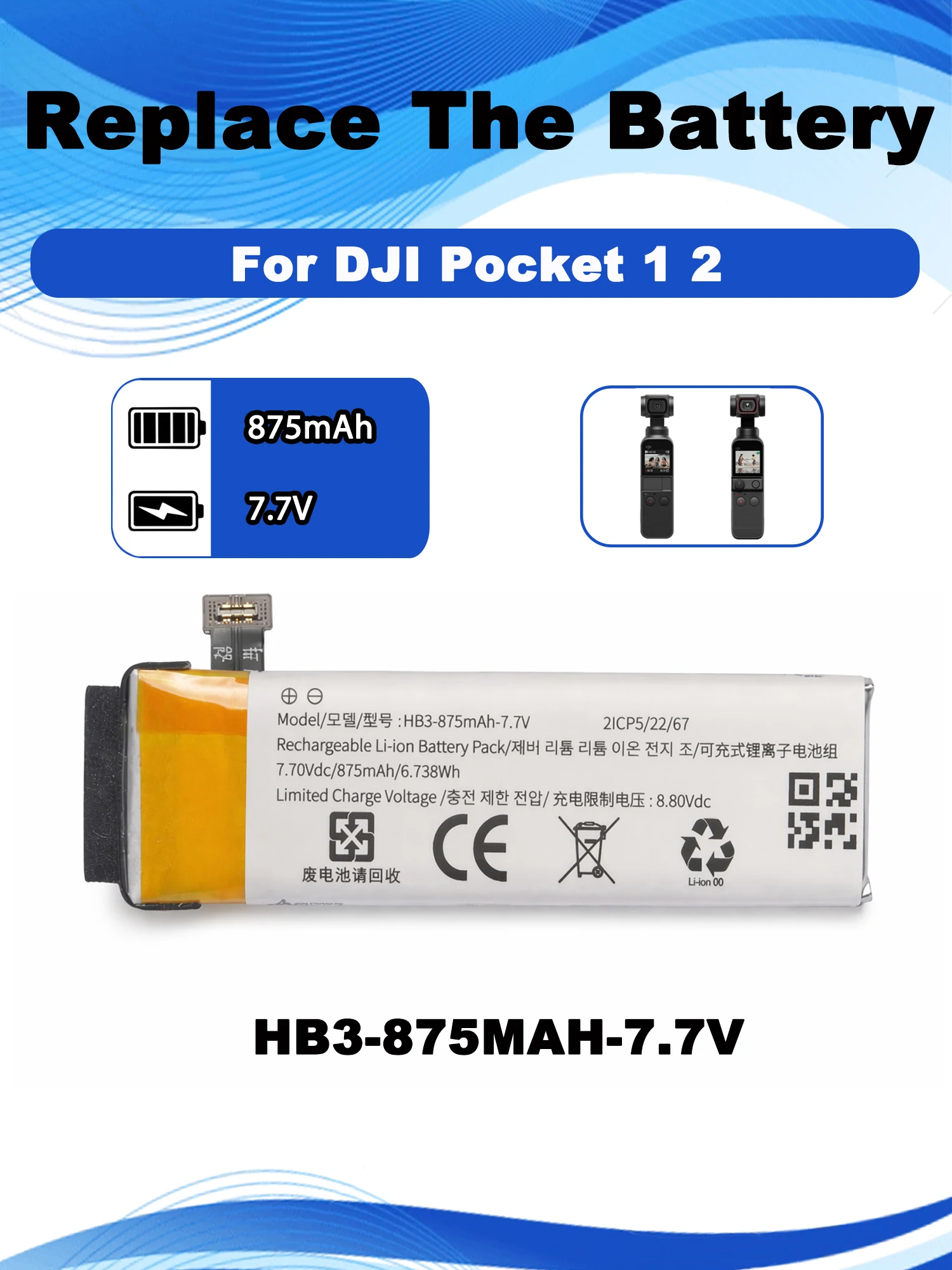 7,7V 875mAh HB3-875MAH-7,7V Ersatzakku für DJI Osmo Pocket 1 II Pocket 2 2ICP5/22/67 Kamera-Zubehör