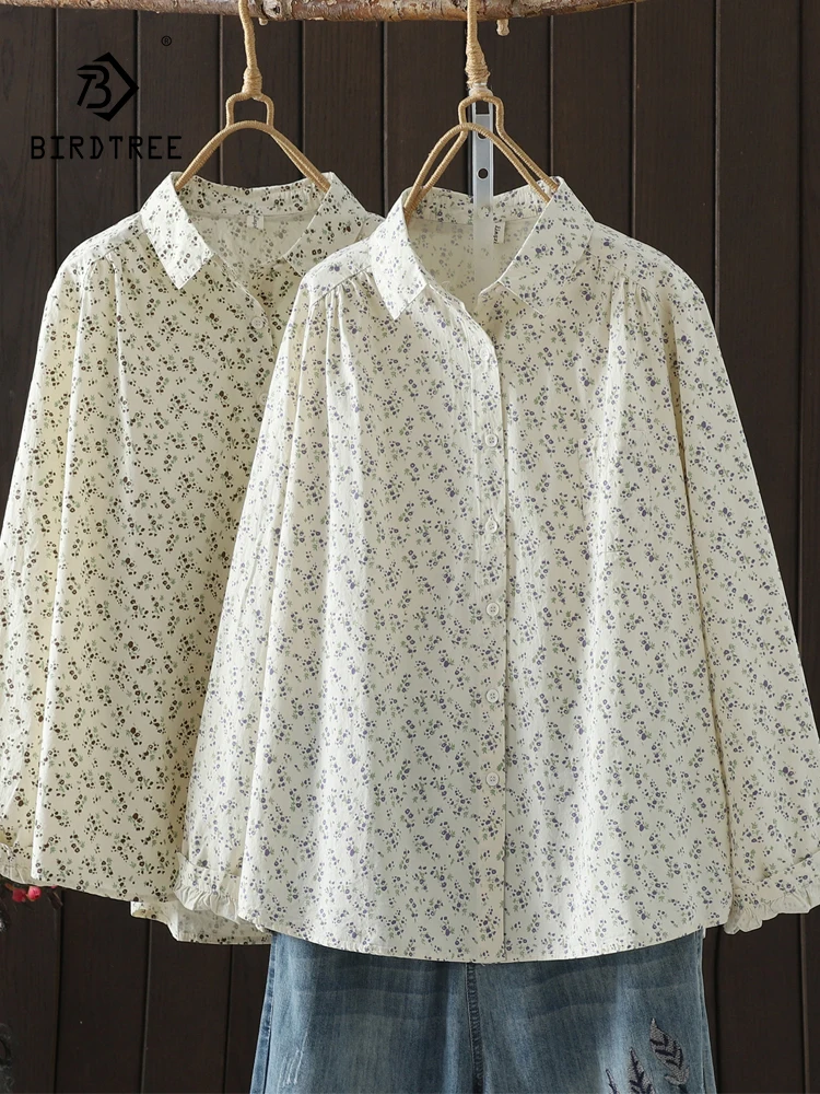 جديد 2025 الخريف قميص قطني بكم طويل ، المرأة بدوره إلى أسفل طوق المطبوعة ، موري فتاة الفرنسية تخفيف بلوزة فضفاضة غير رسمية T58648CC